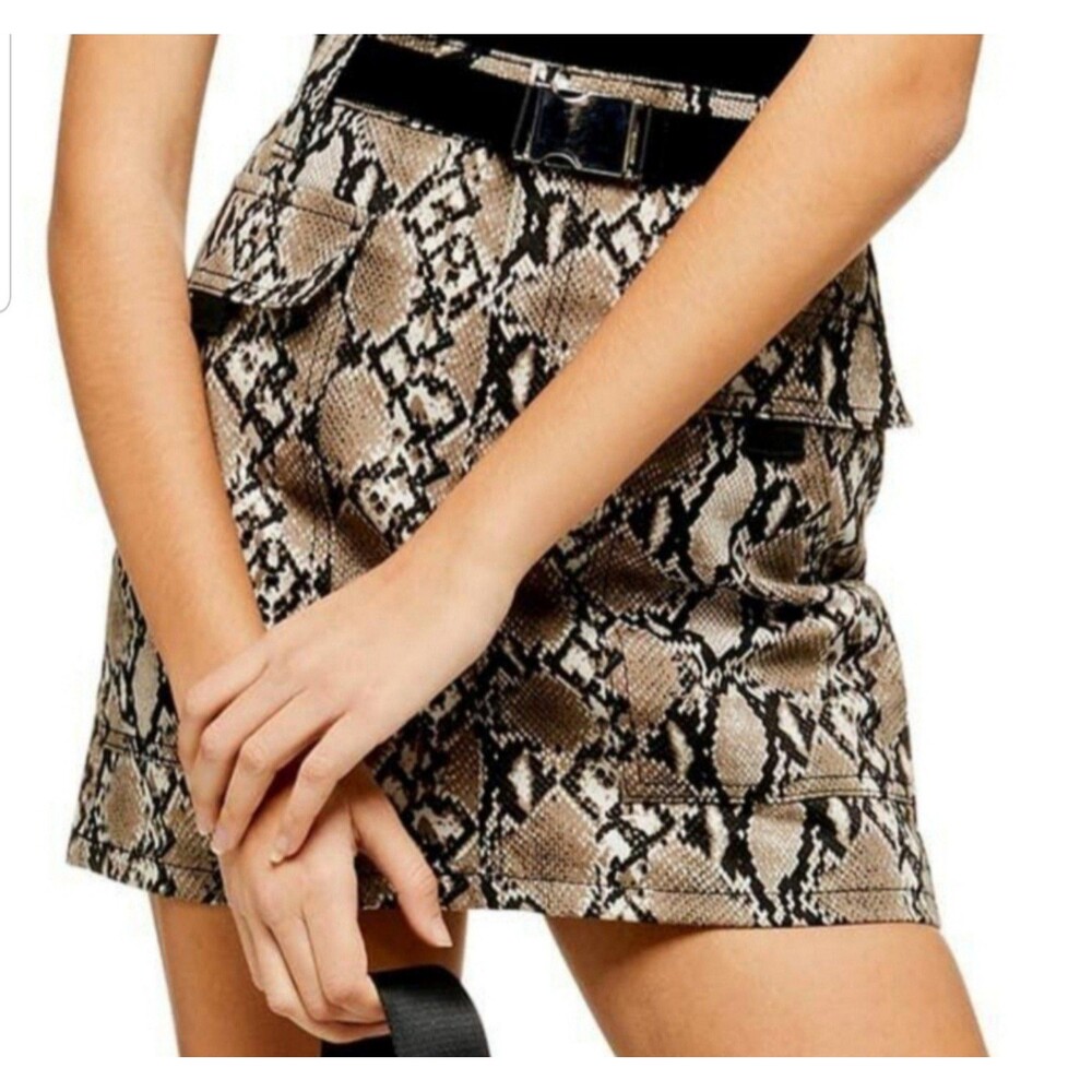 TopShop Skirt Size 2 Black Tan Mini Faux Reptile Print Pockets